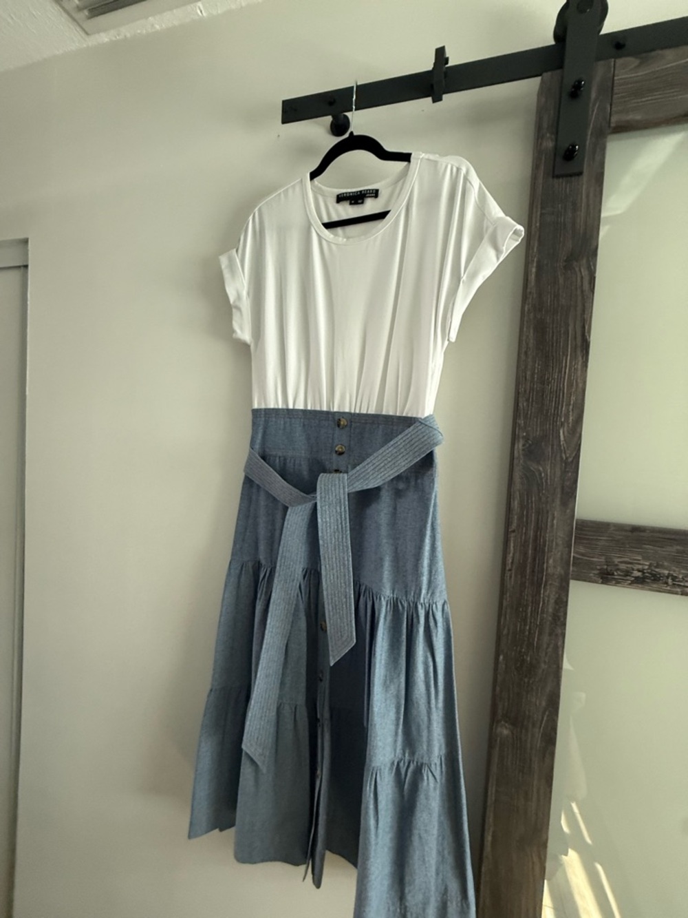Veronica Beard White Knit Top with Light Blue Tiered Midi Skirt